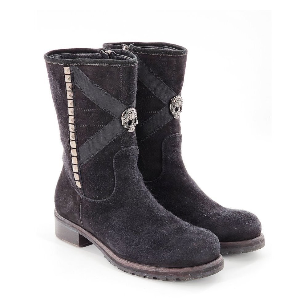 JOHN‎ RICHMOND Beaded Scull Studded Suede Mid-Calf Boots Size 37.5 7.8 8 Narrow